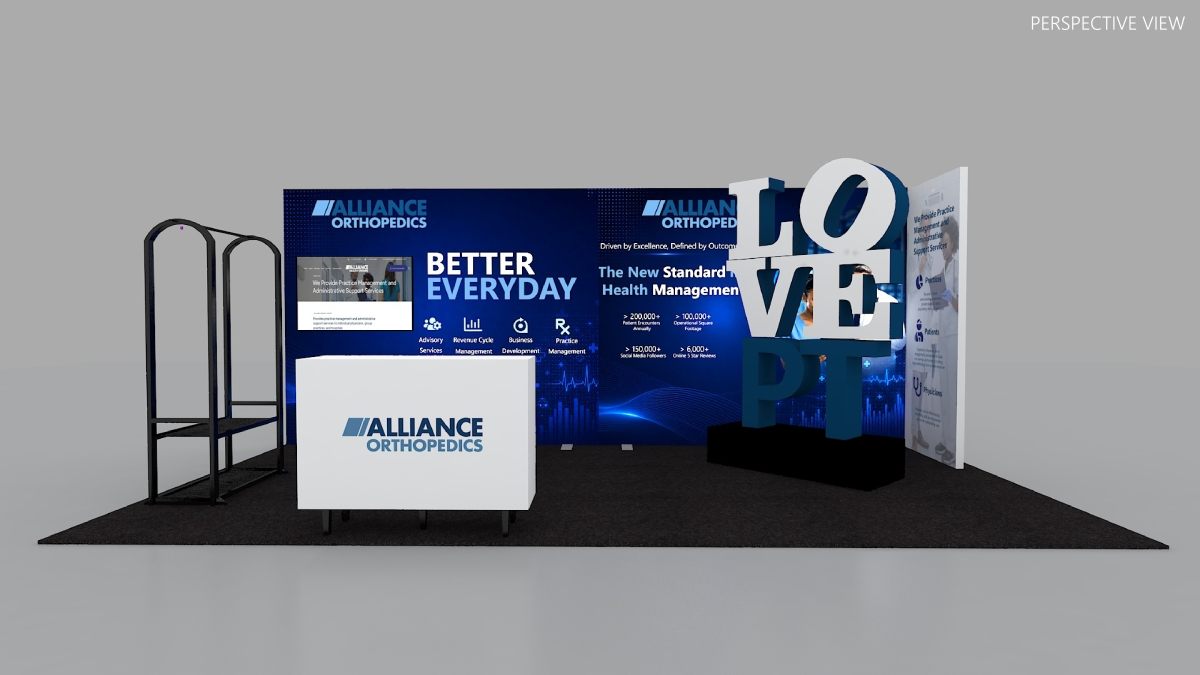 Design render of a 10×20 inline trade show booth: inline booth with giant letter sculpture and black arch