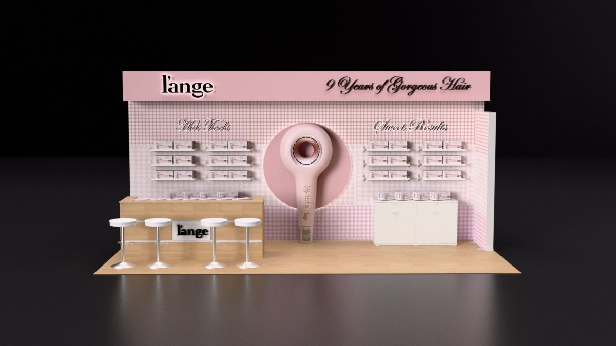 Design render of a 10×20 inline trade show booth: inline booth with gingham wall and product shelves
