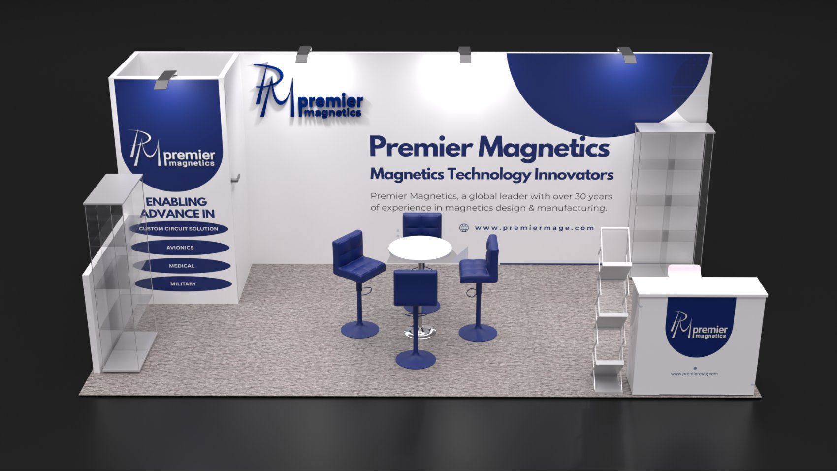 Design render of a 10×20 inline trade show booth: inline booth with glass display cases and reception counter
