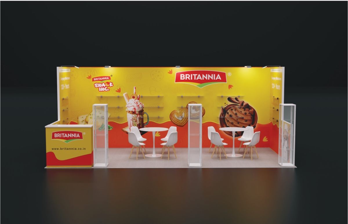 Design render of a 10×20 inline trade show booth: inline booth with glass display towers and glass shelves