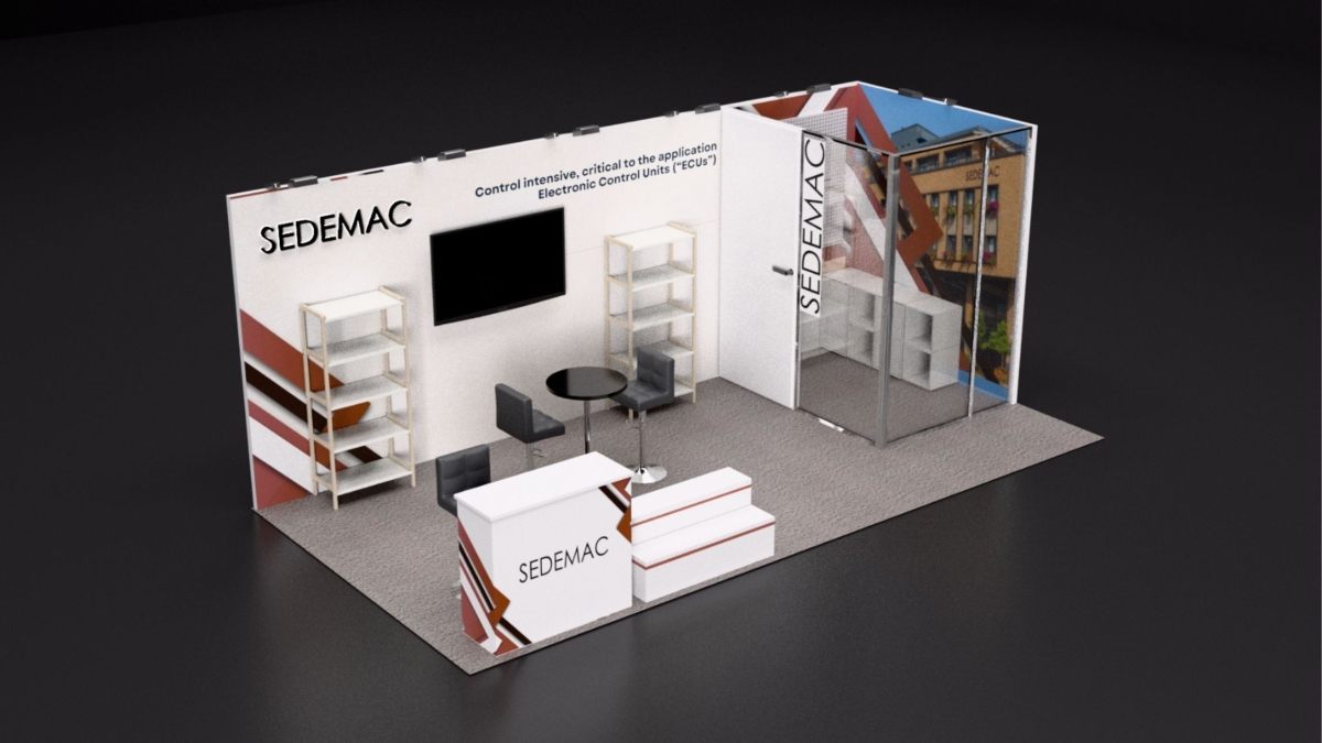Design render of a 10×20 inline trade show booth: inline booth with glass-door meeting room and shelves