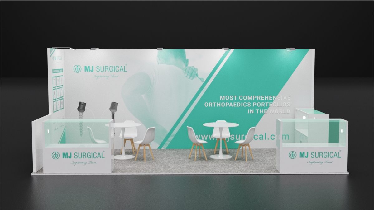 Design render of a 10×20 inline trade show booth: inline booth with glass-top display counters