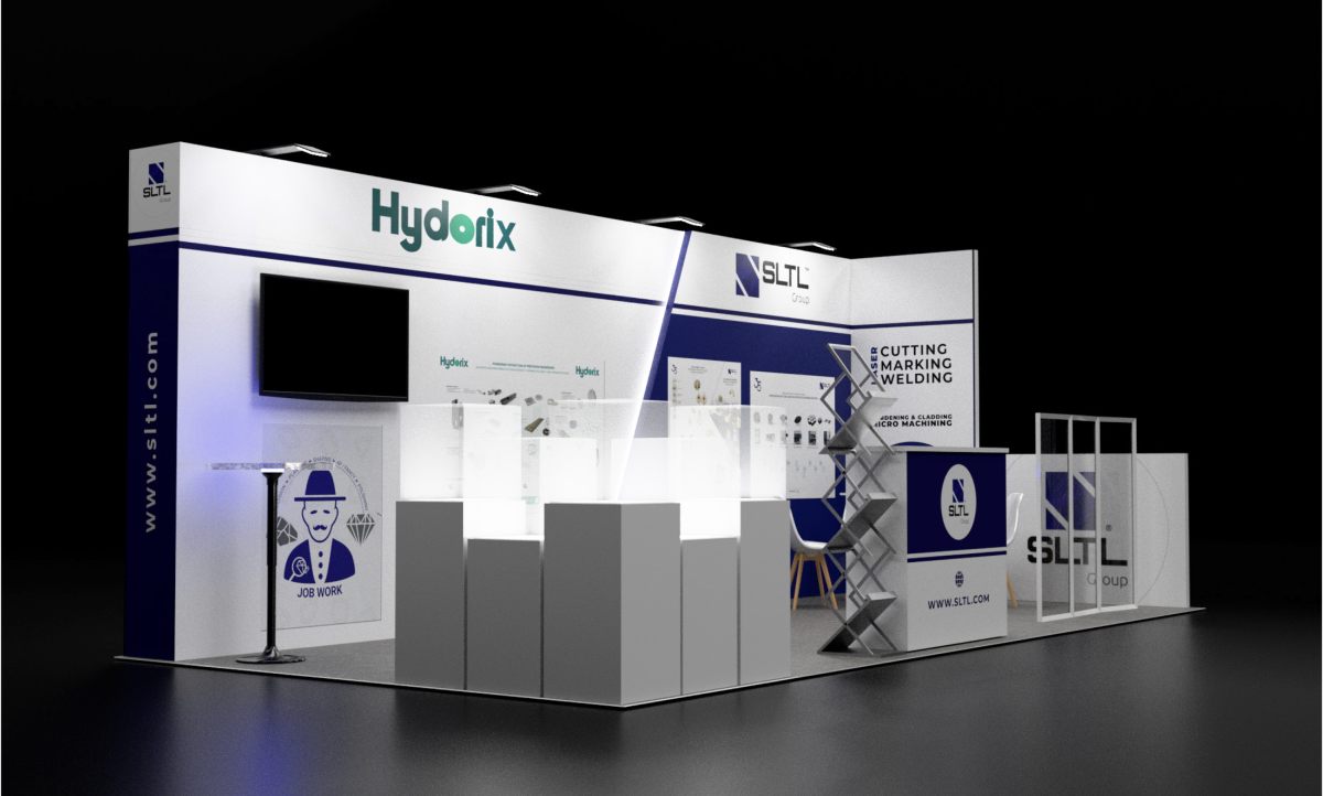 Design render of a 10×20 inline trade show booth: inline booth with glass-top pedestals and wall tv