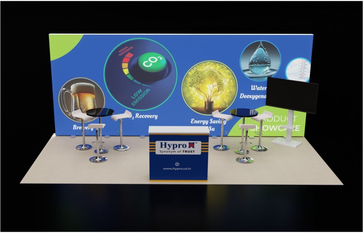 Design render of a 10×20 inline trade show booth: inline booth with graphic back wall and counter with stools