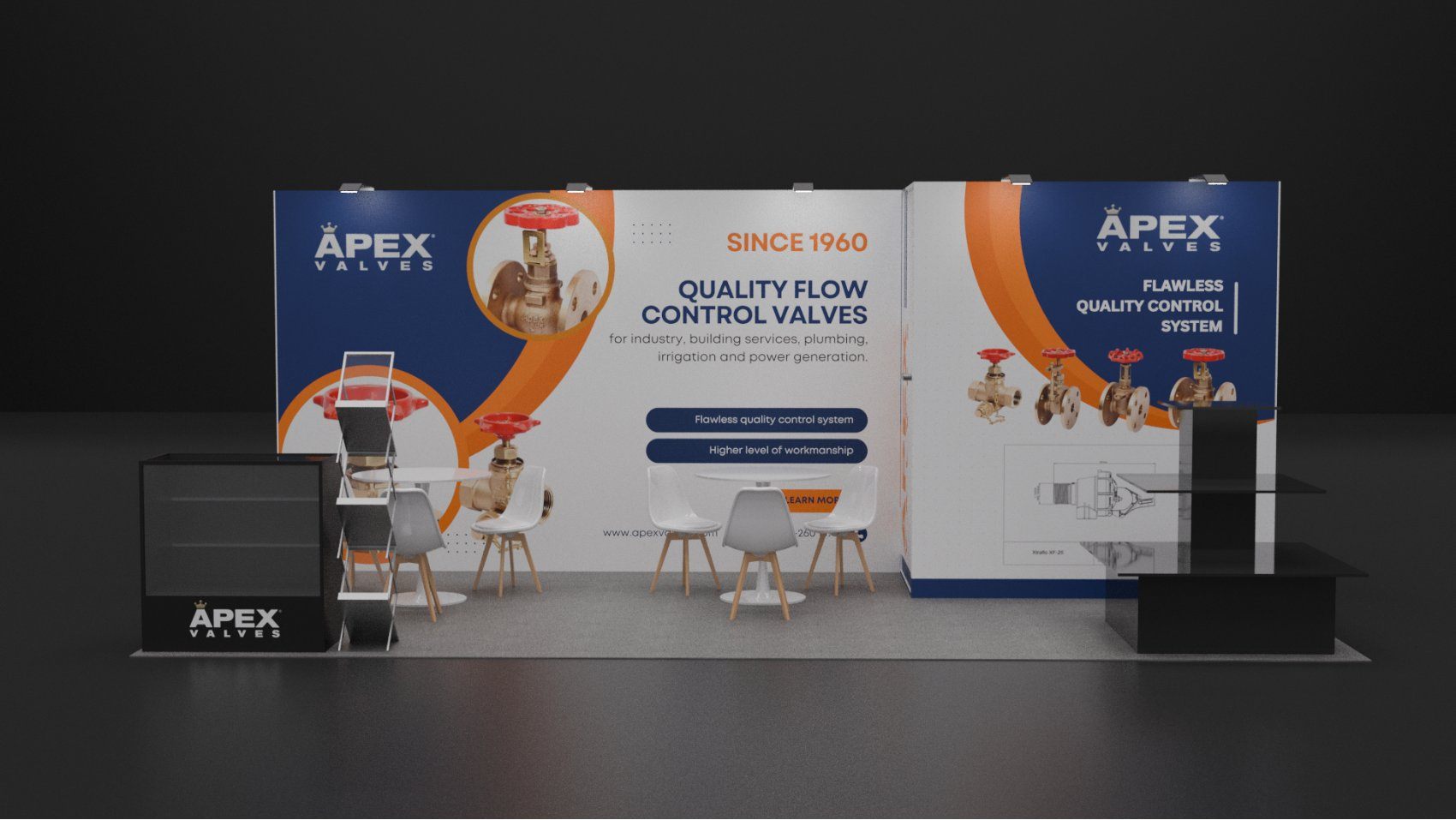 Design render of a 10×20 inline trade show booth: inline booth with graphic walls and display counter