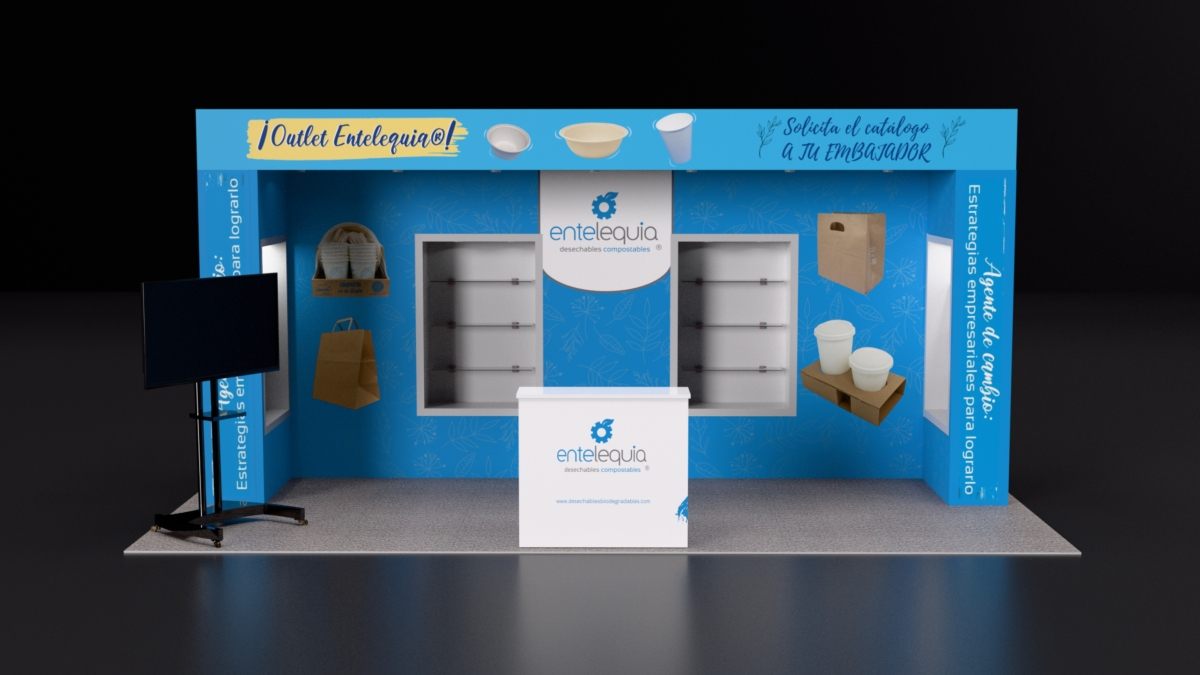 Design render of a 10×20 inline trade show booth: inline booth with header frame and backlit shelf niches