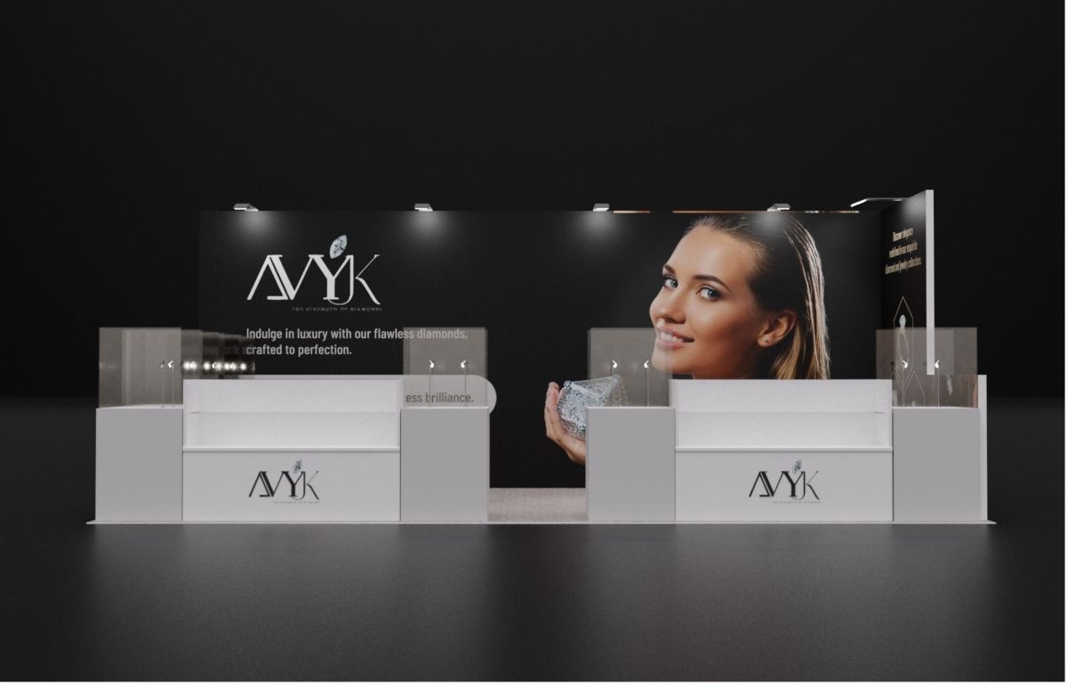 Design render of a 10×20 inline trade show booth: inline booth with jewelry display counters and glass pedestals