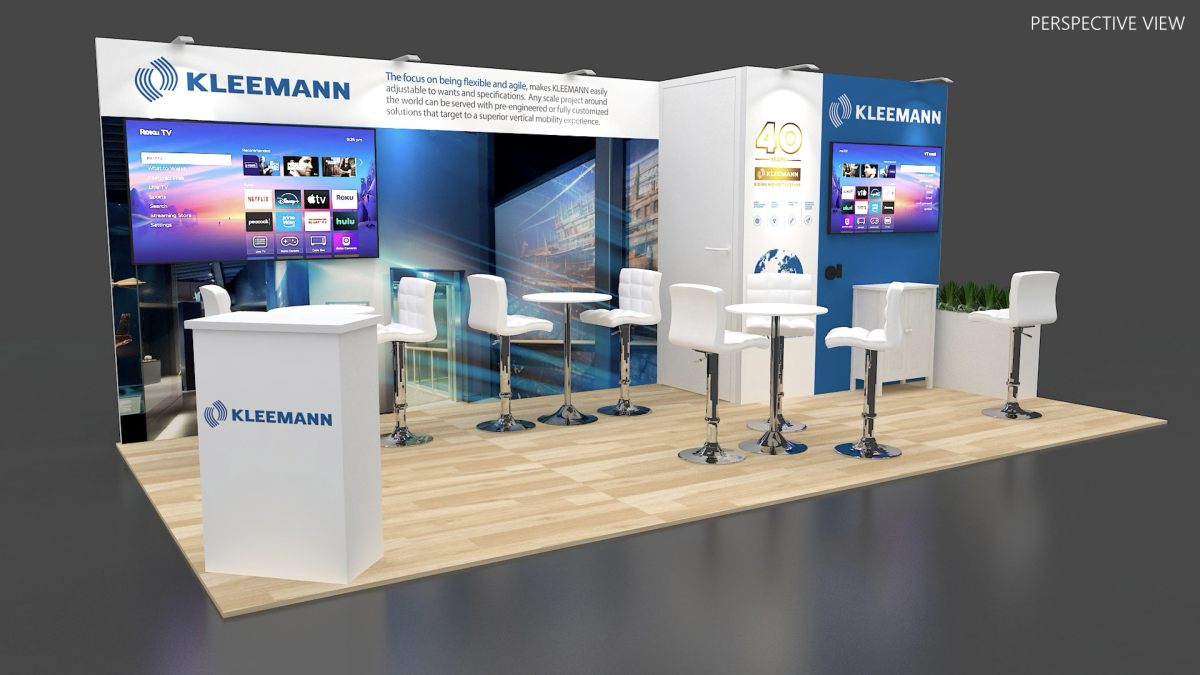 Design render of a 10×20 inline trade show booth: inline booth with large screen and high-top seating
