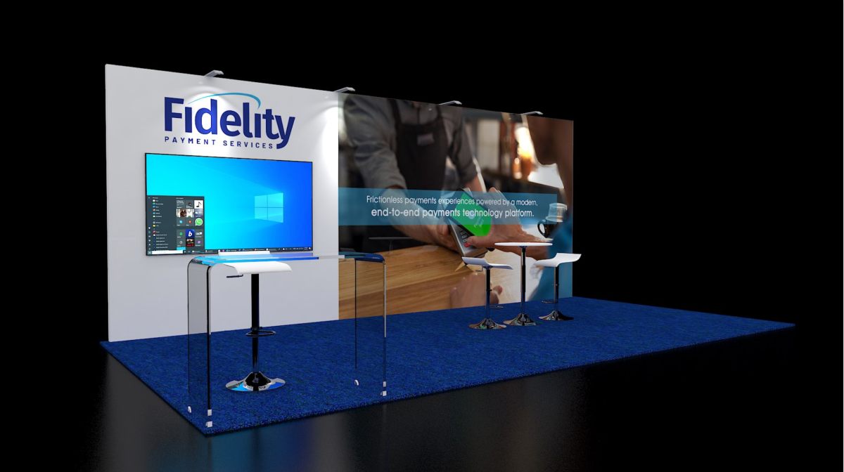 Design render of a 10×20 inline trade show booth: inline booth with large wall screen and glass counter