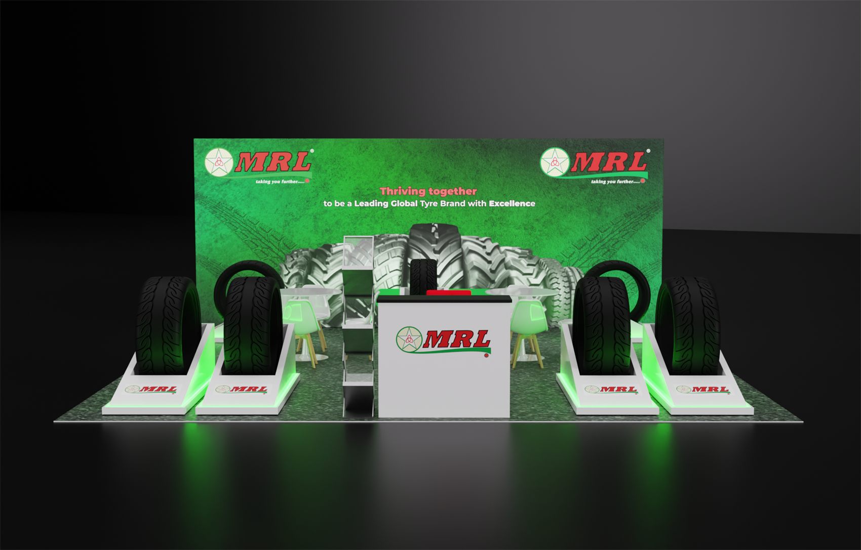 10×20 Inline Booth With LED-Lit Product Plinths and Central Counter