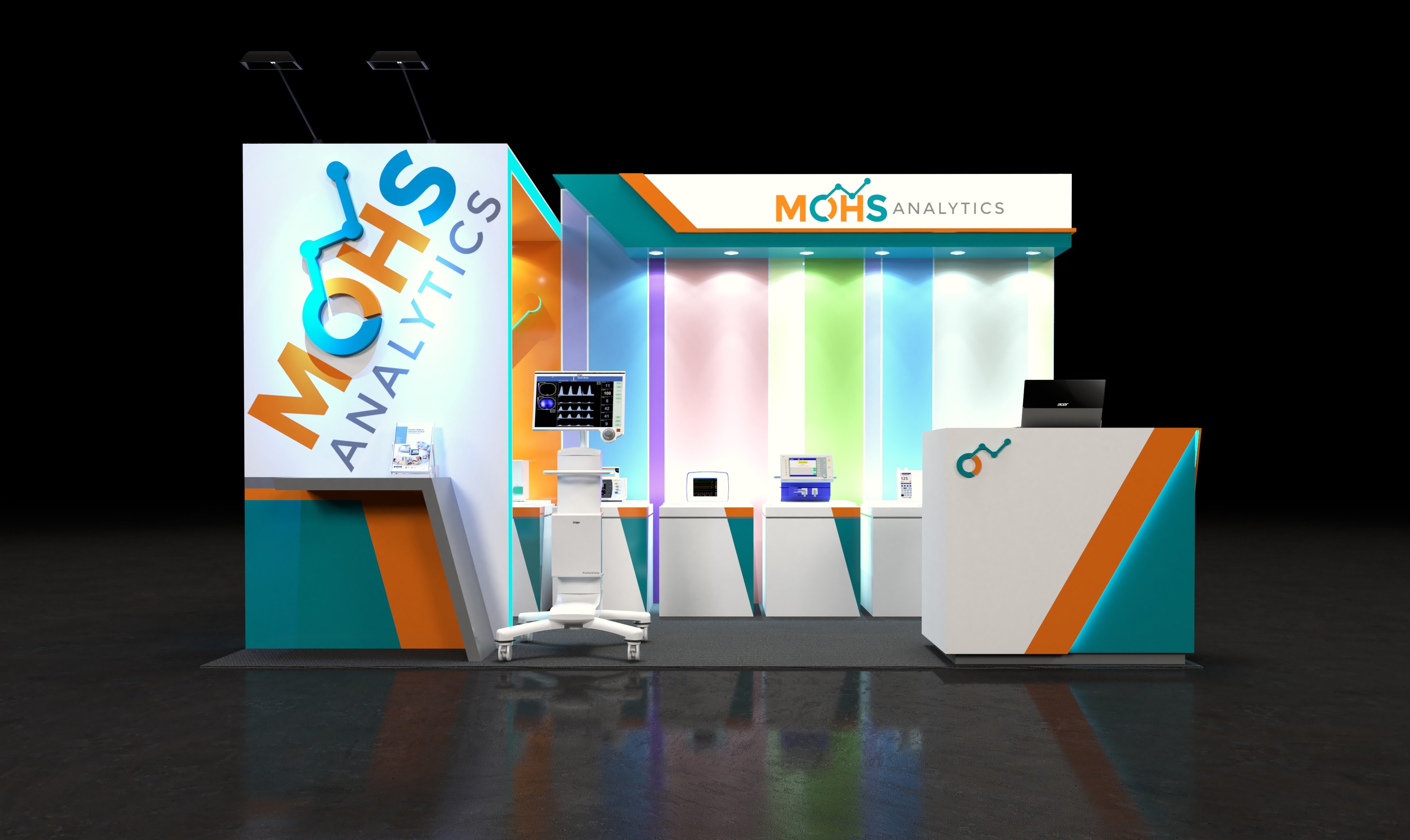 Design render of a 10×20 inline trade show booth: inline booth with light-panel back wall and orange display alcove