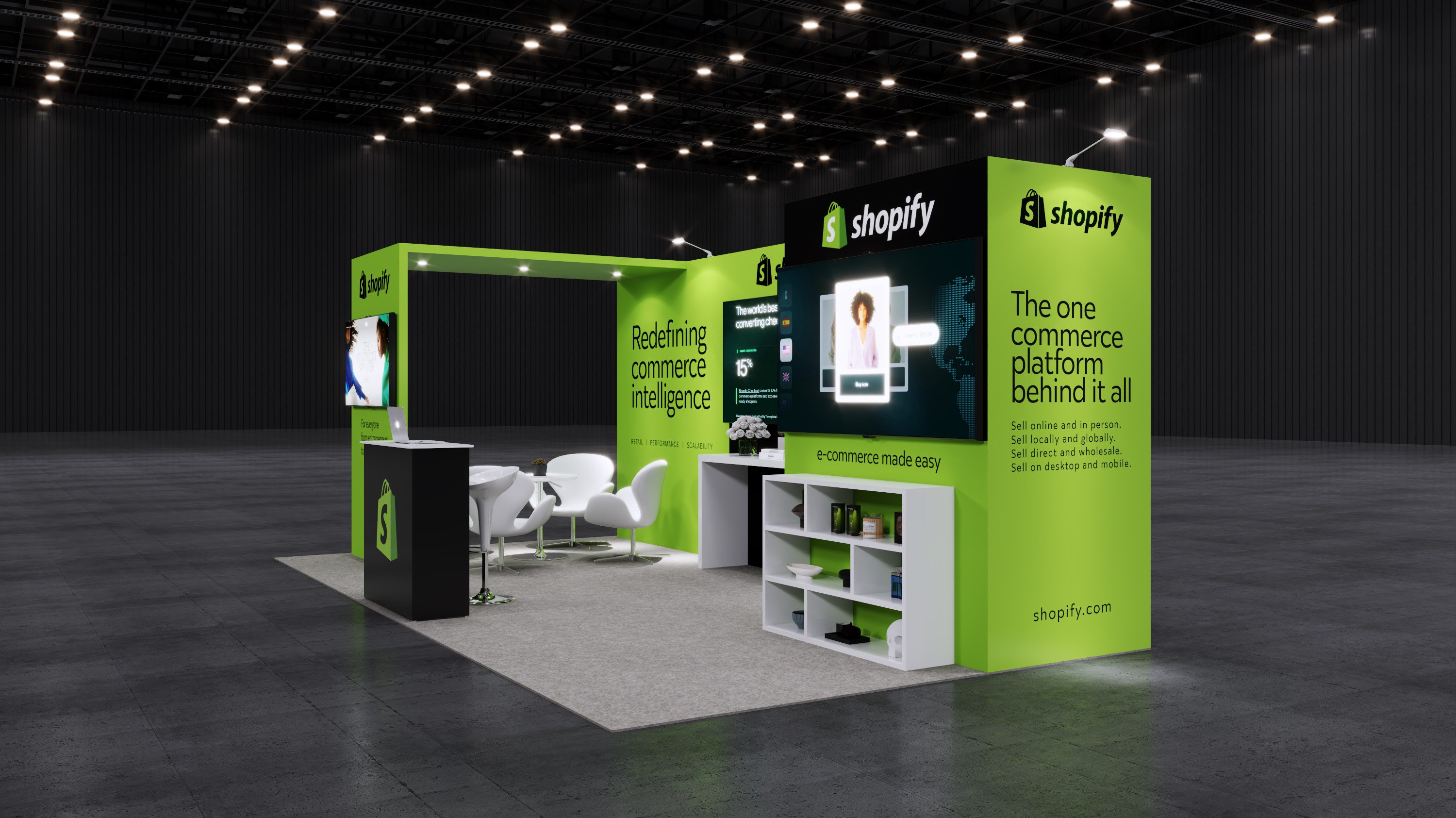 Design render of a 10×20 inline trade show booth: inline booth with lime green entry arch and shelving tower