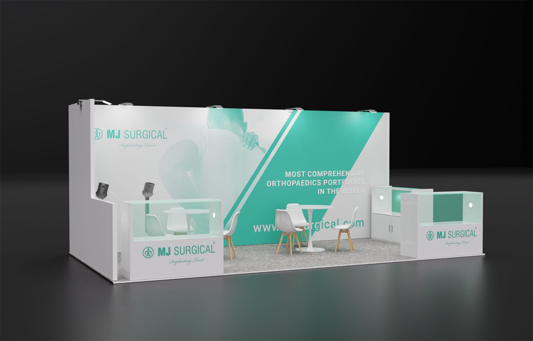10×20 Inline Booth With Lit Glass Display Counters and Product Brackets