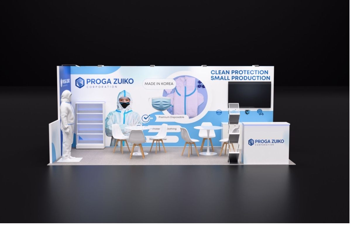 Design render of a 10×20 inline trade show booth: inline booth with lit shelf unit and tv wall