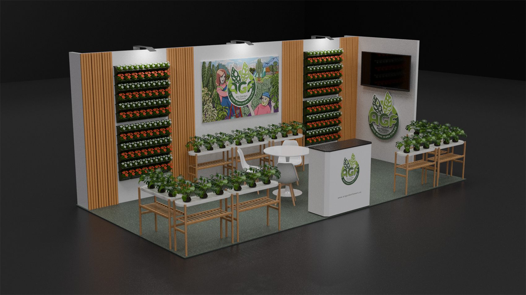 10×20 Inline Booth With Living Flower Walls and Wood Slat Accents