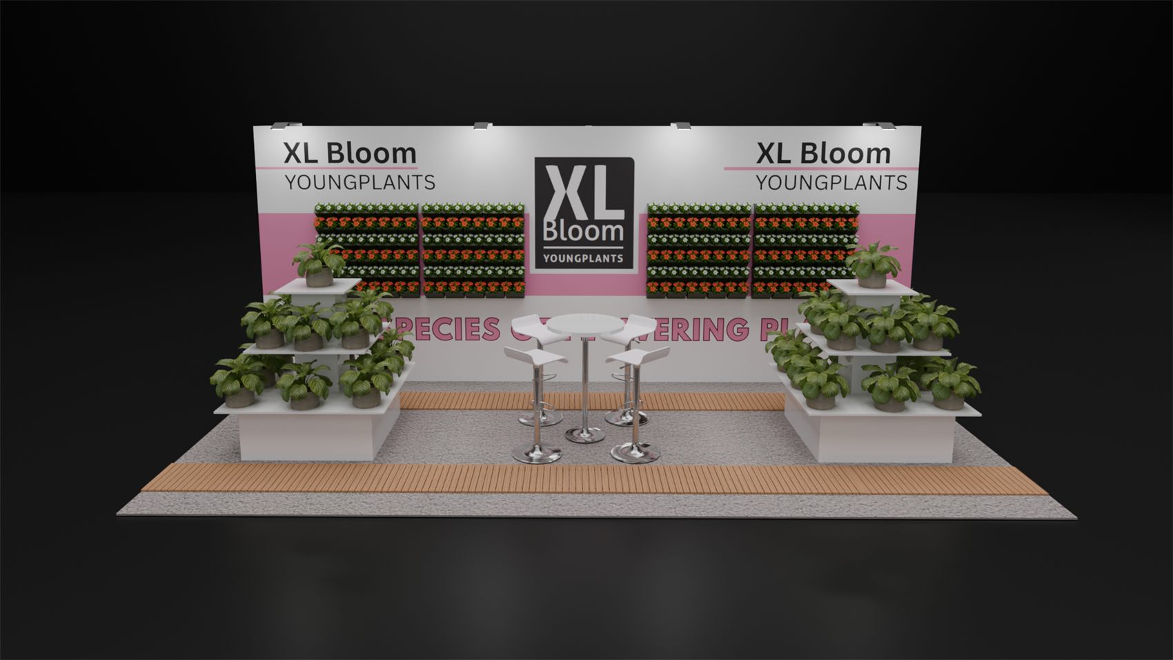 10×20 Inline Booth With Living Plant Wall Panels and Tiered Plant Stands