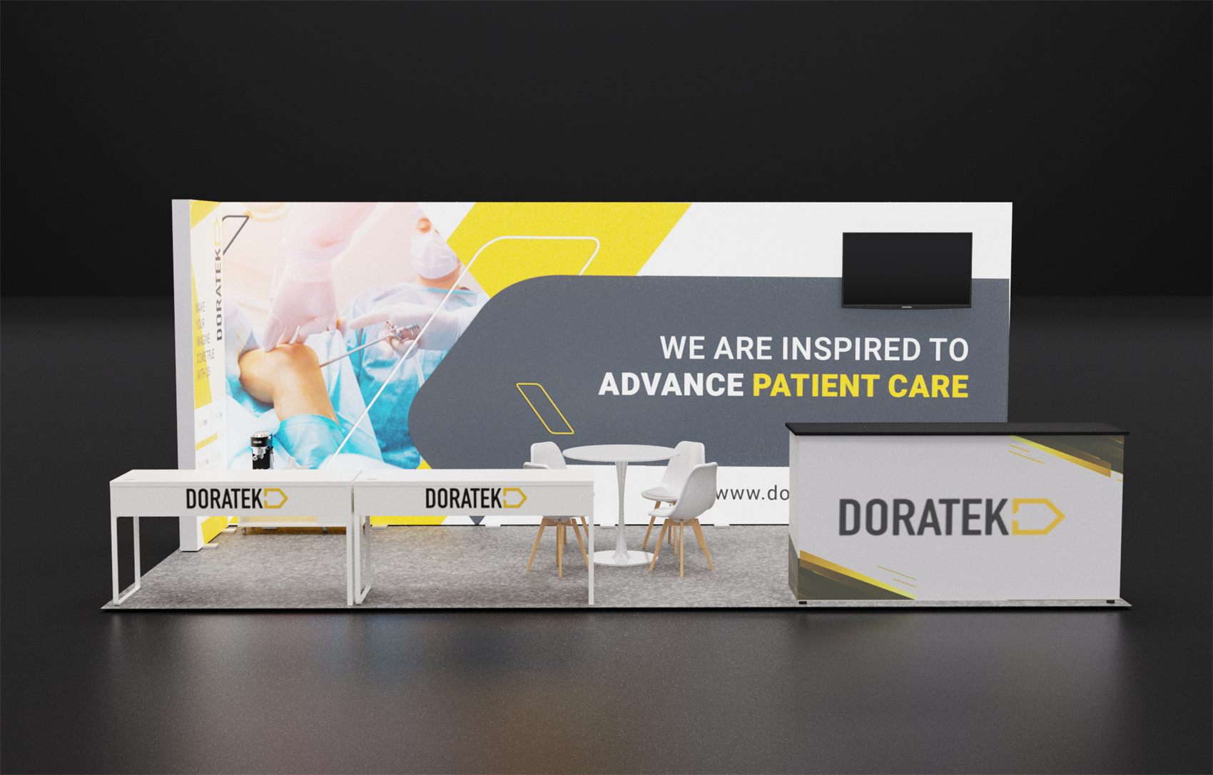 10×20 Inline Booth With Long Reception Counter and Branded Desks