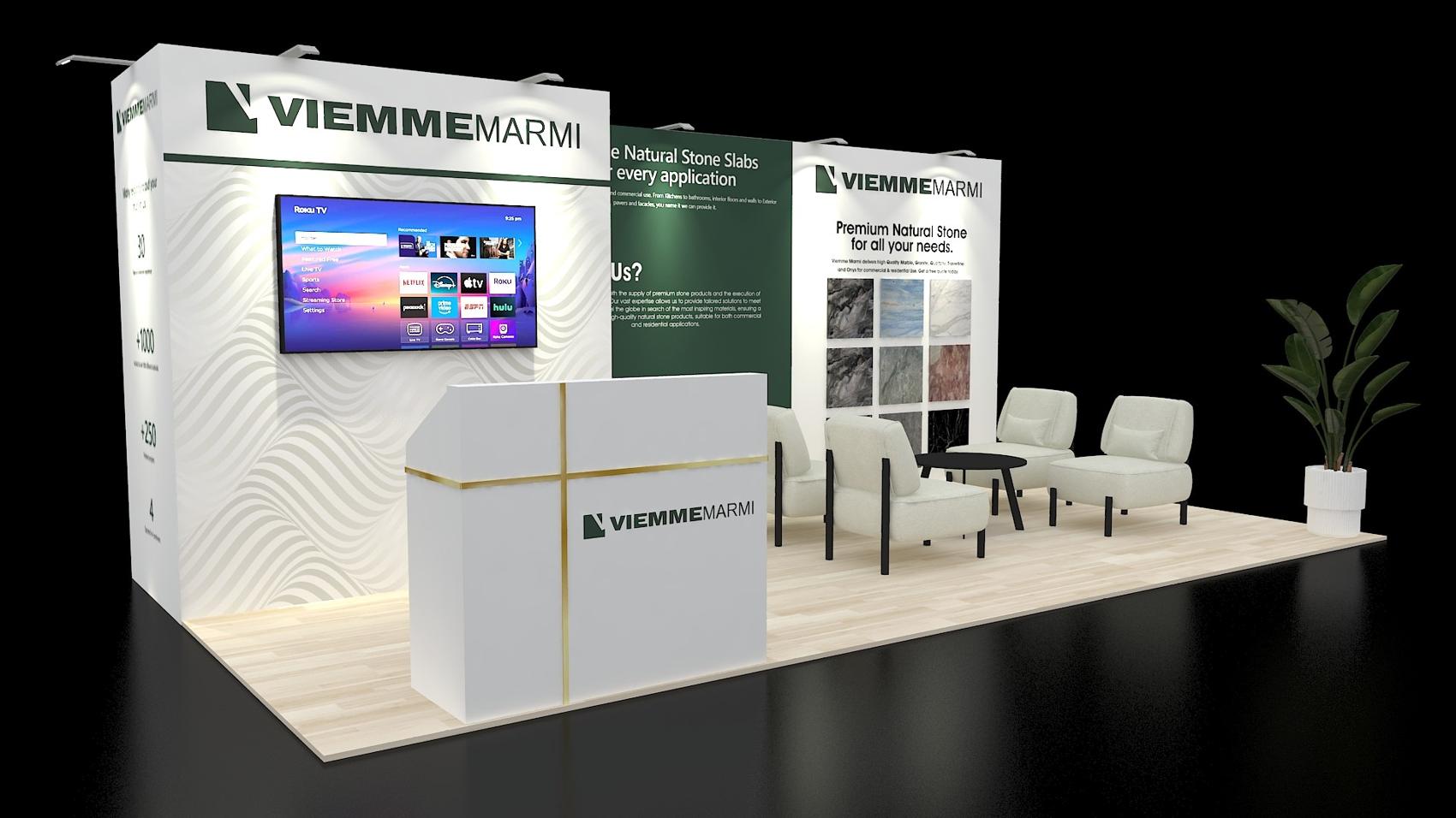 10×20 Inline Booth With Lounge and Stone Sample Wall