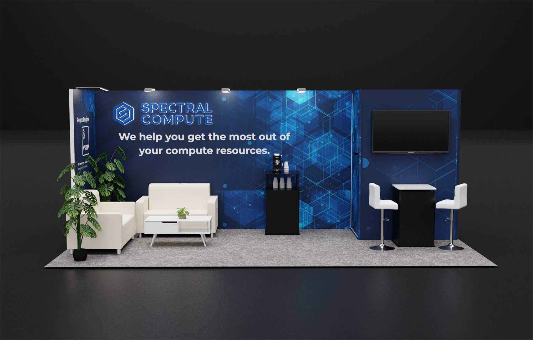 10×20 Inline Booth With Lounge Seating and Coffee Station
