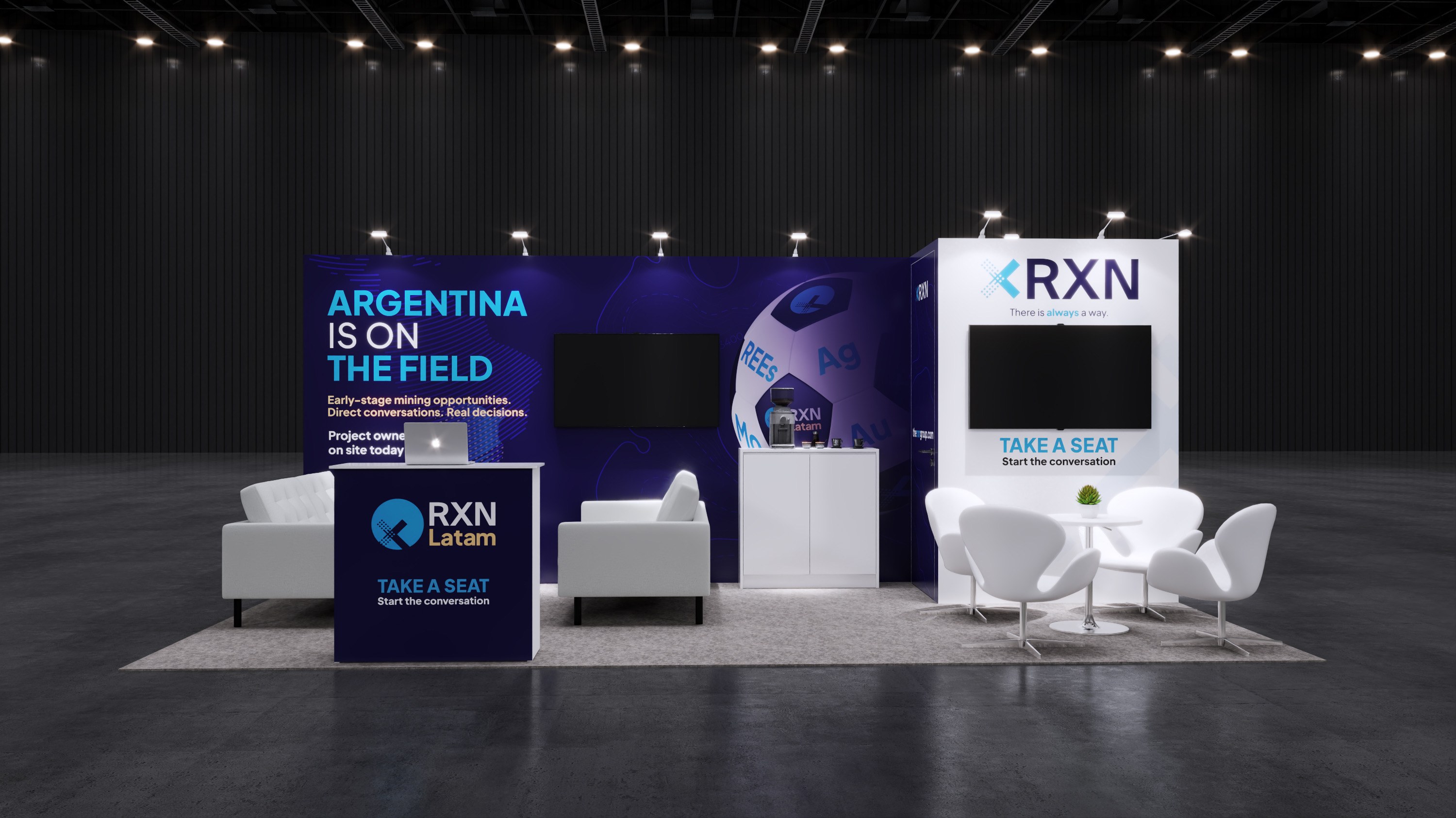Design render of a 10×20 inline trade show booth: inline booth with lounge seating and tall logo tower