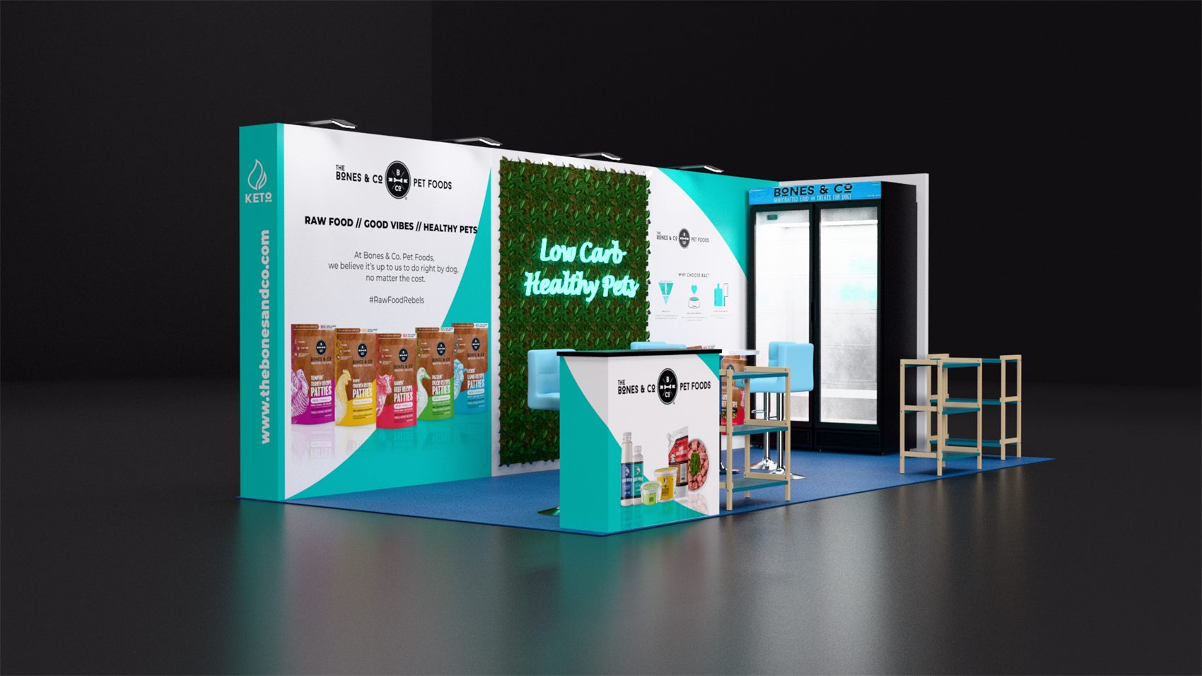 10×20 Inline Booth With Neon Green Wall and Glass-Door Fridge