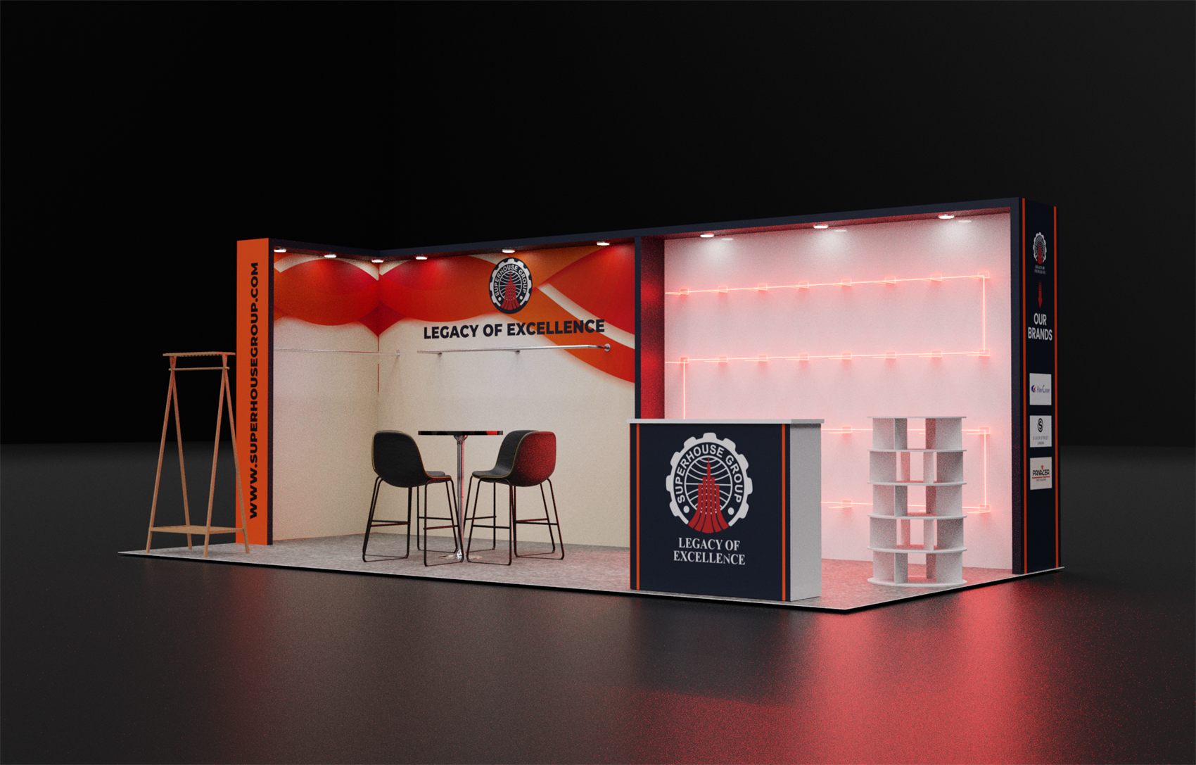 10×20 Inline Booth With Neon-Lit Shelf Wall and Rotating Display Tower