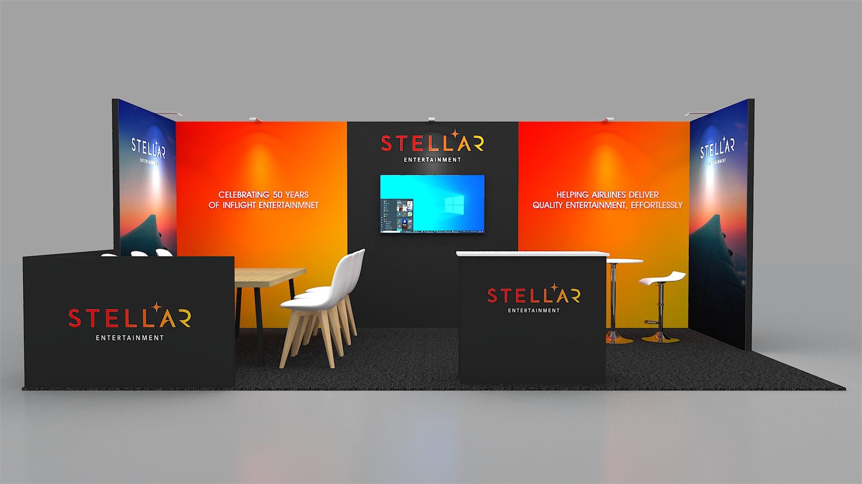 Design render of a 10×20 inline trade show booth: inline booth with orange gradient walls and two counters