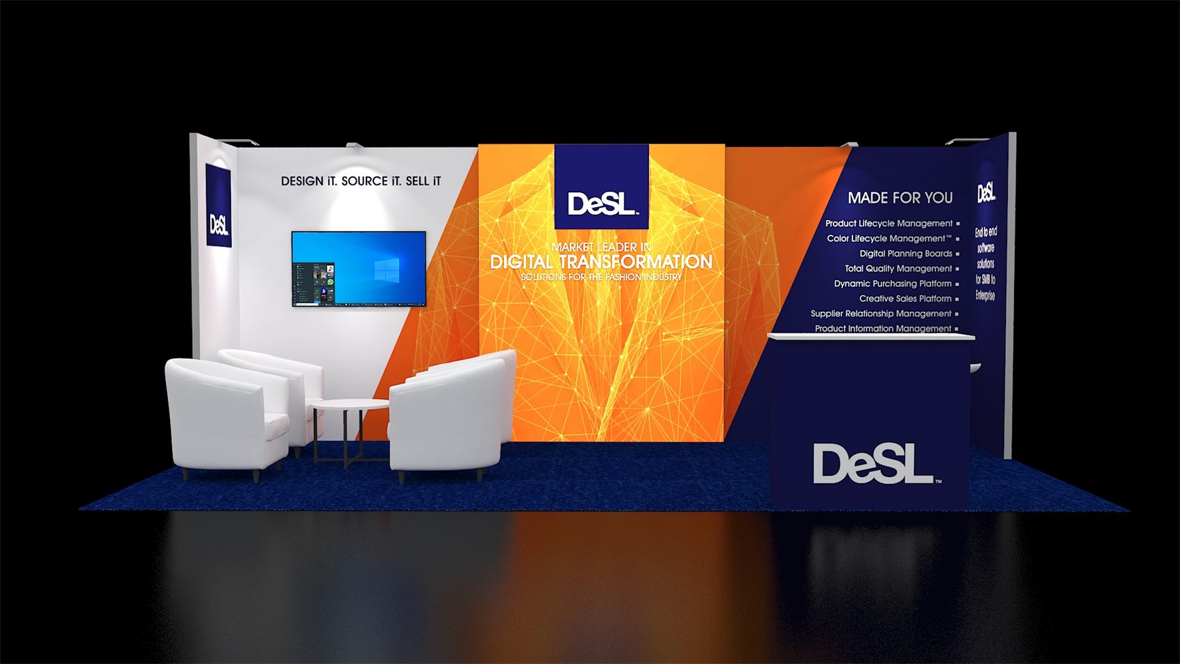 Design render of a 10×20 inline trade show booth: inline booth with orange printed wall and tub lounge chairs