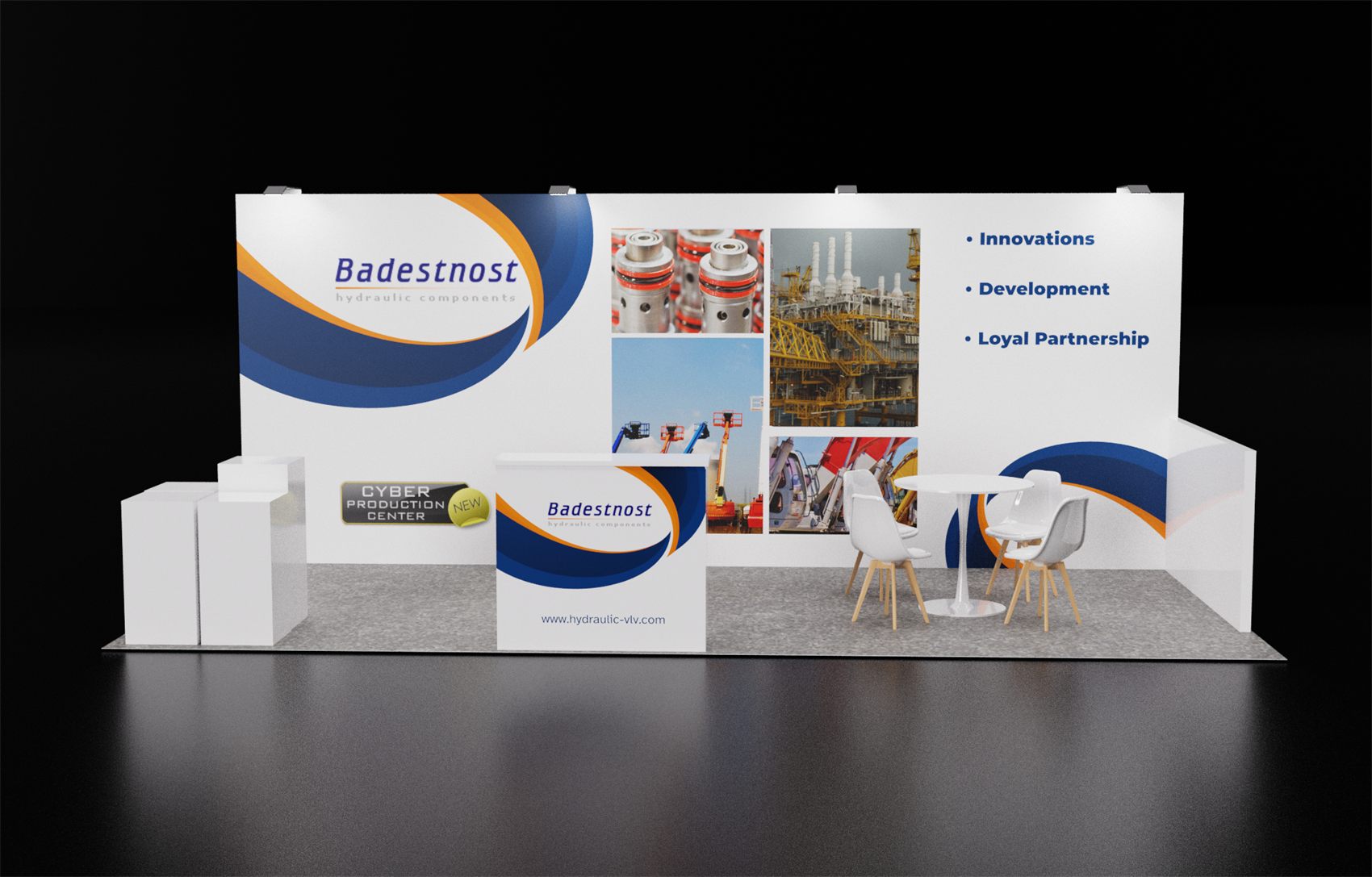 10×20 Inline Booth With Photo Collage Back Wall and Meeting Table