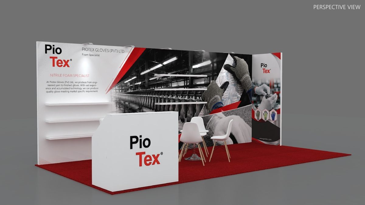 Design render of a 10×20 inline trade show booth: inline booth with photo wall and angled counter