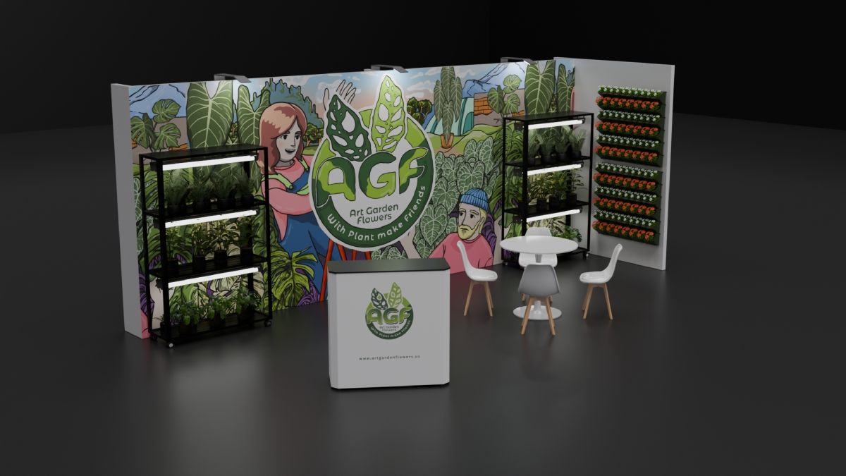 Design render of a 10×20 inline trade show booth: inline booth with plant display racks and planter wall