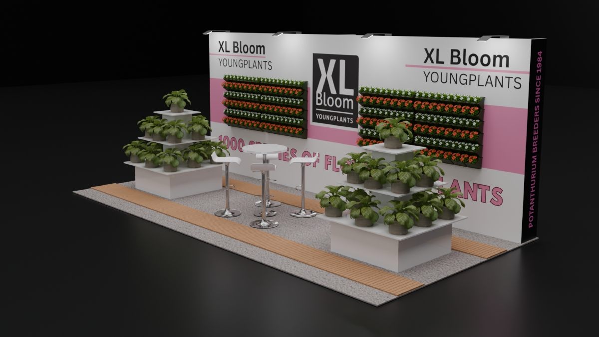 Design render of a 10×20 inline trade show booth: inline booth with plant wall panels and tiered displays