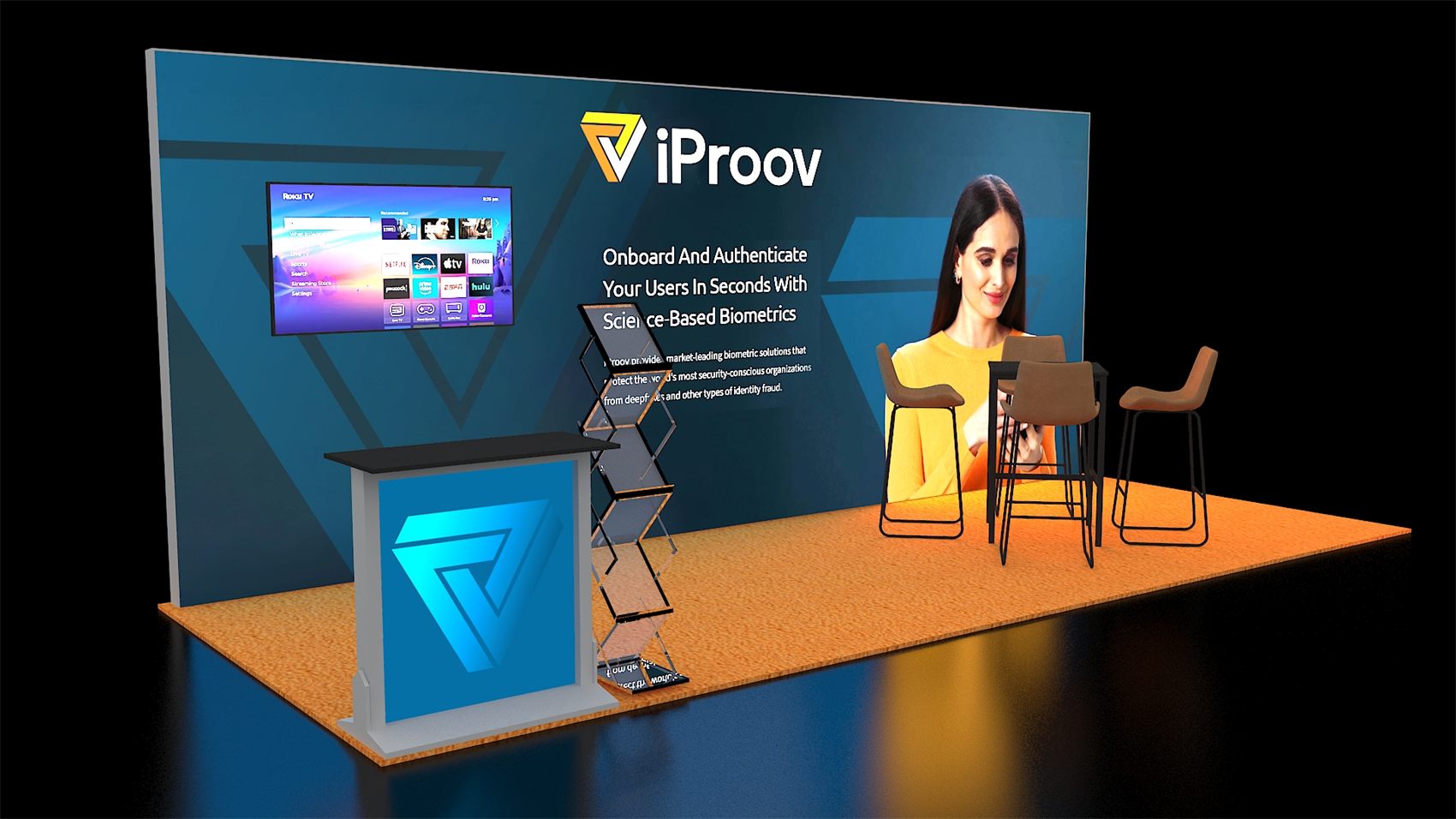 10×20 Inline Booth With Podium Counter and Bar-Height Meeting Table