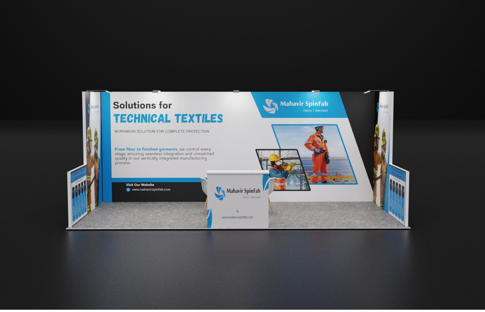 Design render of a 10×20 inline trade show booth: inline booth with printed back wall and information counter