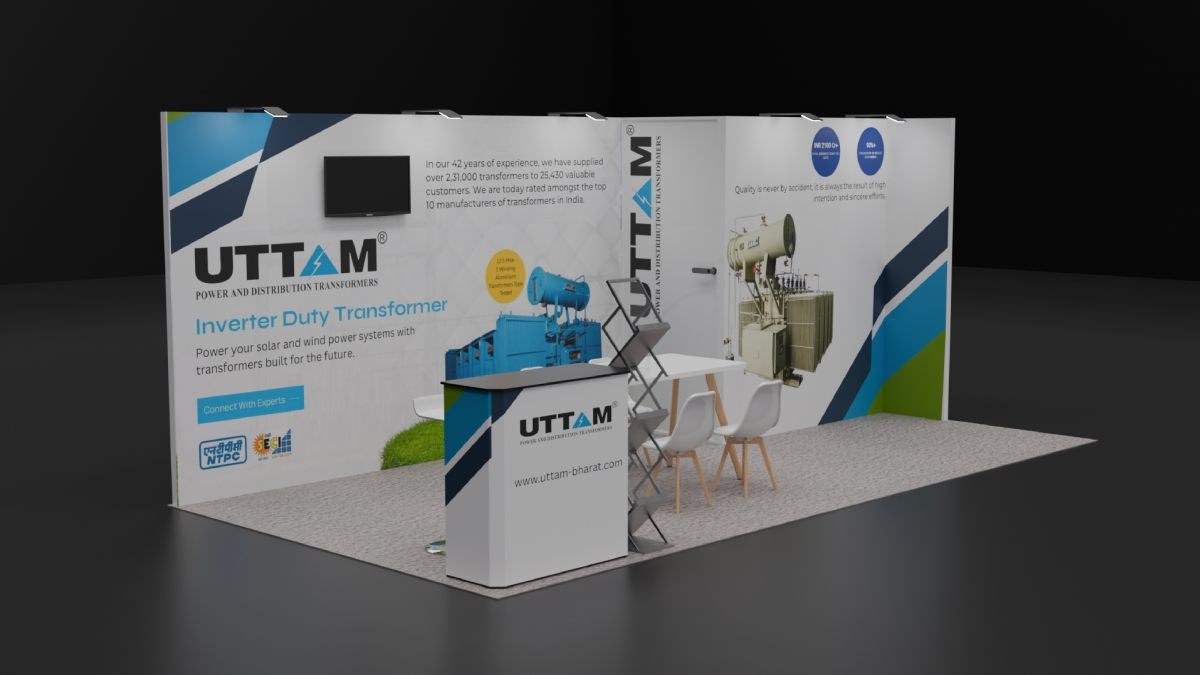 Design render of a 10×20 inline trade show booth: inline booth with printed wall and brochure counter