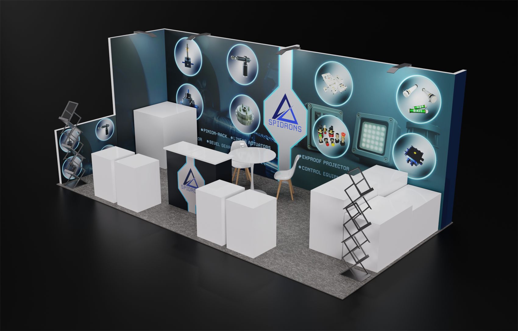 10×20 Inline Booth With Product Display Plinths and Stepped Side Wall