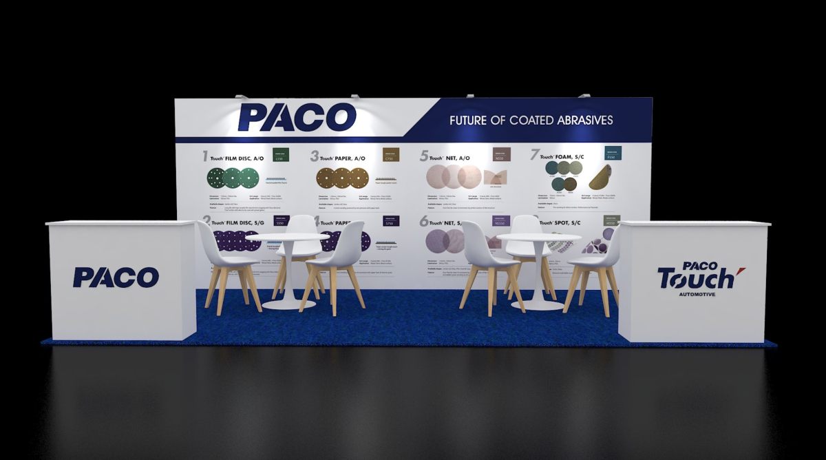 Design render of a 10×20 inline trade show booth: inline booth with product graphic wall and twin counters