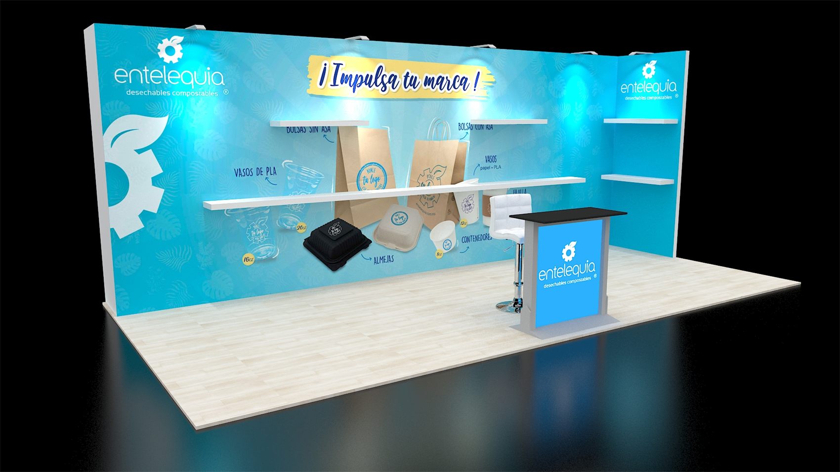10×20 Inline Booth With Product Shelves and Backlit Podium