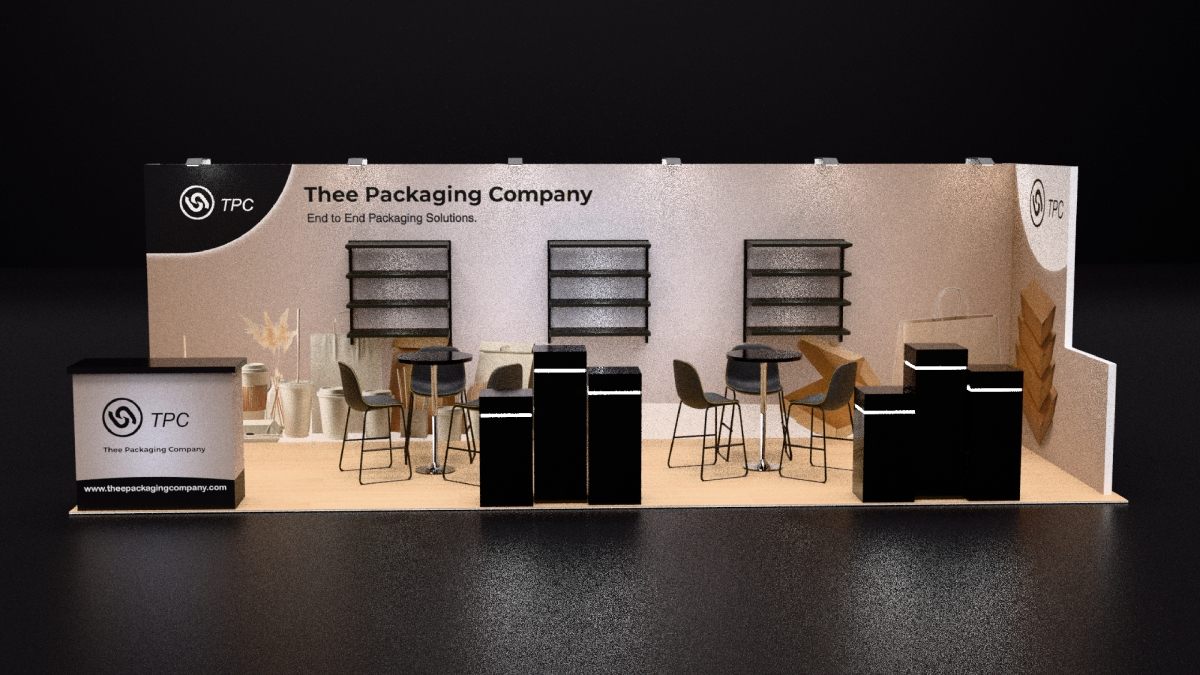 Design render of a 10×20 inline trade show booth: inline booth with product shelves and display plinths