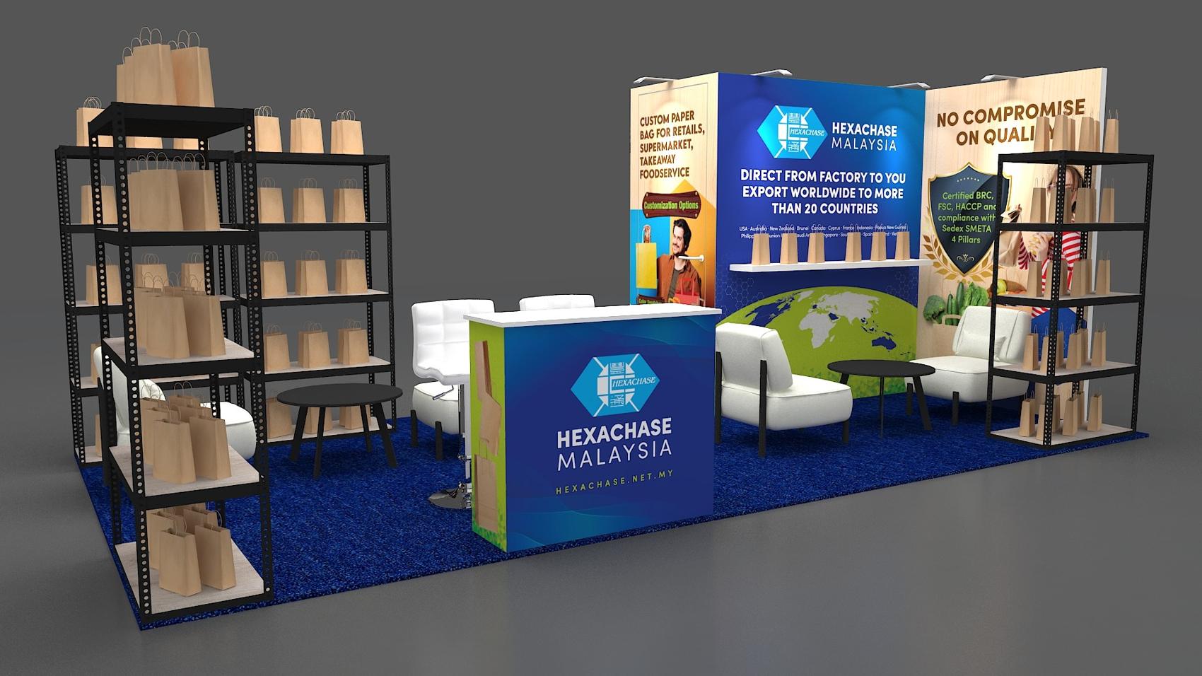 10×20 Inline Booth With Product Shelving and Lounge