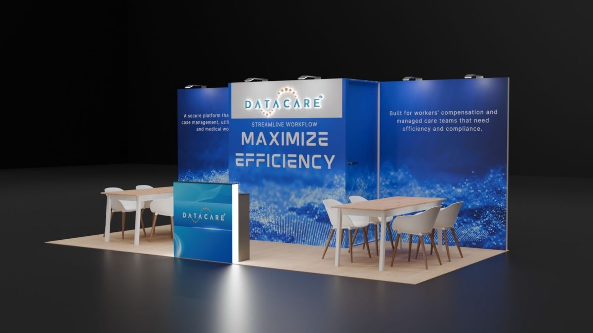 Design render of a 10×20 inline trade show booth: inline booth with raised center panel and twin meeting tables