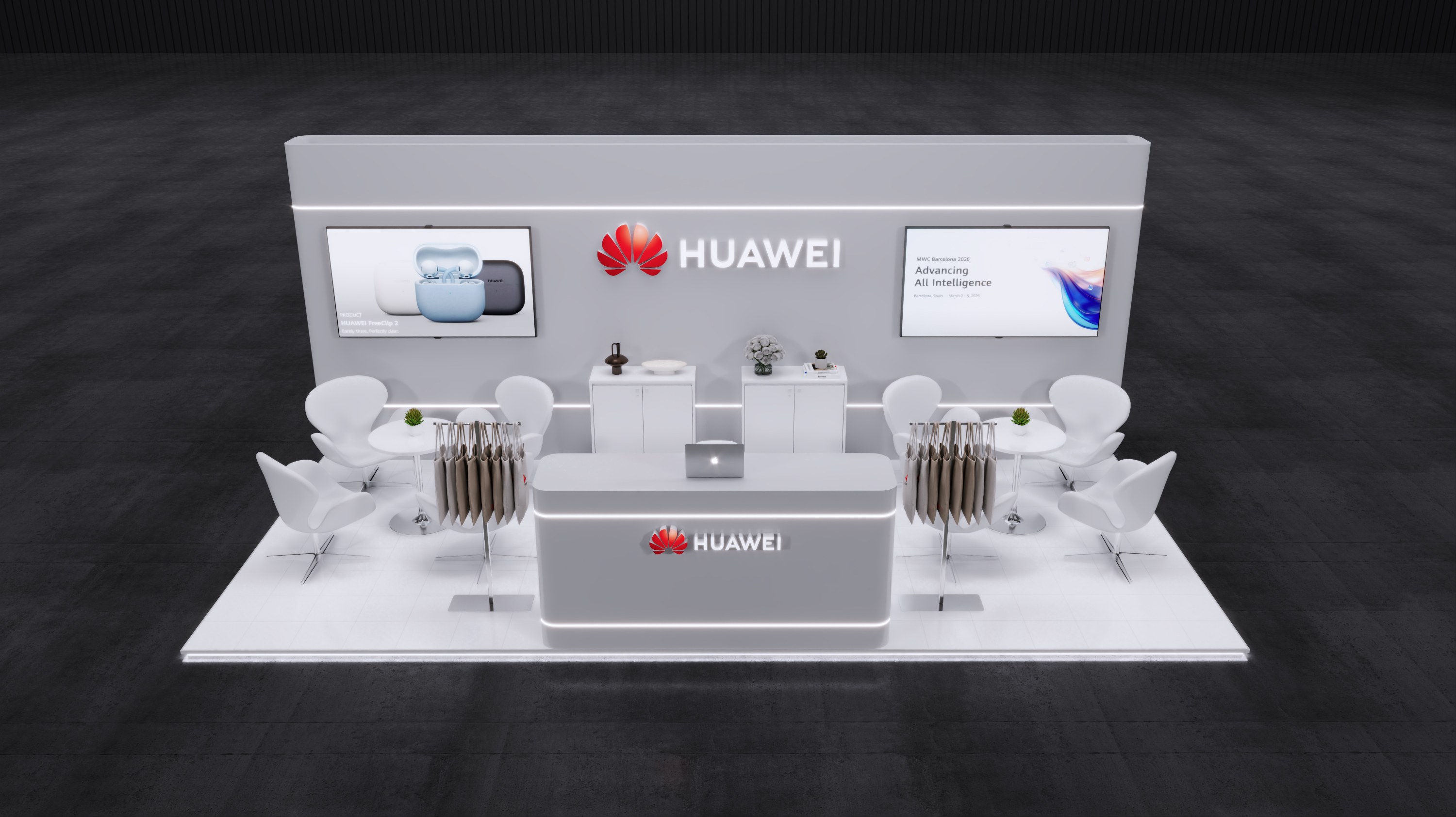 Design render of a 10×20 inline trade show booth: inline booth with raised led-edged platform and curved reception counter