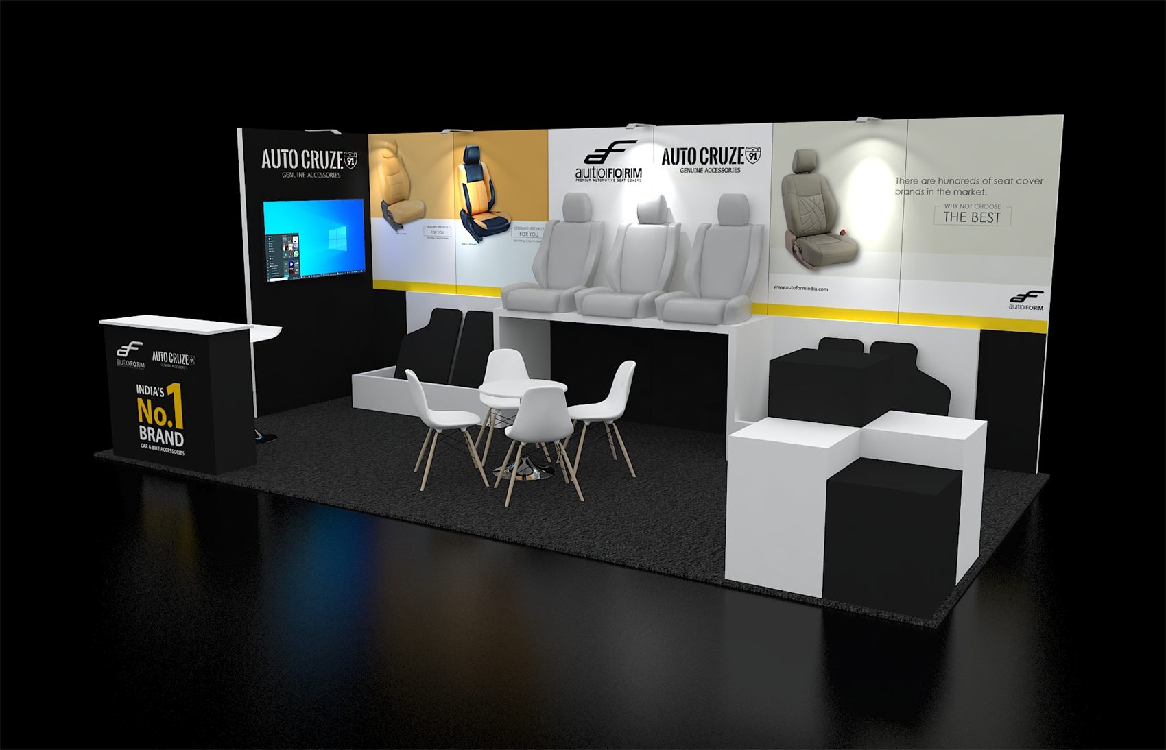 10×20 Inline Booth With Raised Product Display Plinths and TV