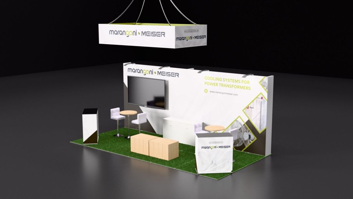 Design render of a 10×20 inline trade show booth: inline booth with rectangular hanging sign and turf floor