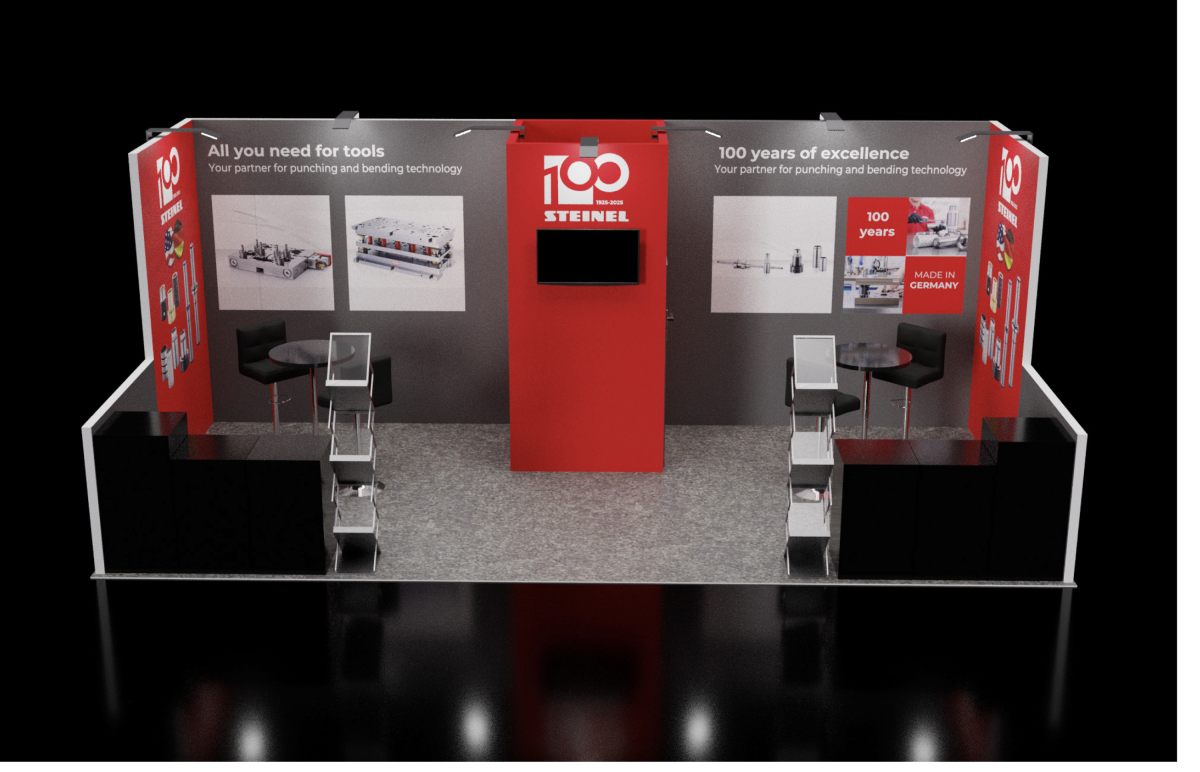Design render of a 10×20 inline trade show booth: inline booth with red center tower and two bar tables