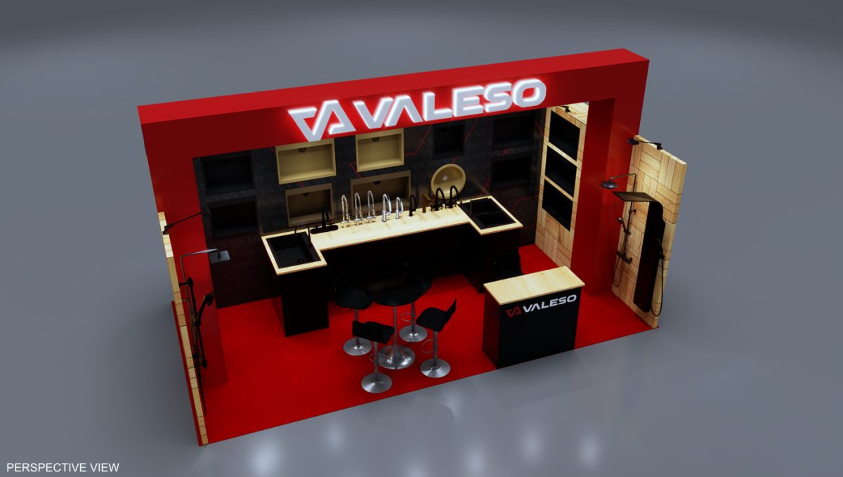 Design render of a 10×20 inline trade show booth: inline booth with red header frame and display sink counter