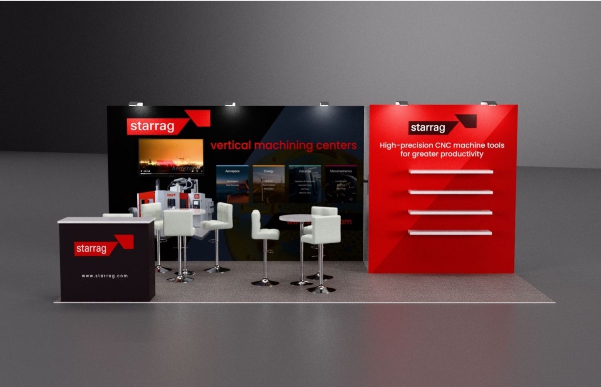Design render of a 10×20 inline trade show booth: inline booth with red product wall and storage closet