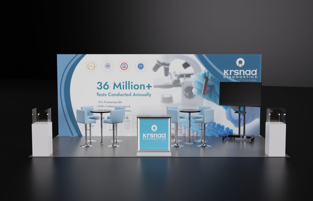 Design render of a 10×20 inline trade show booth: inline booth with rolling tv stand and two bar tables