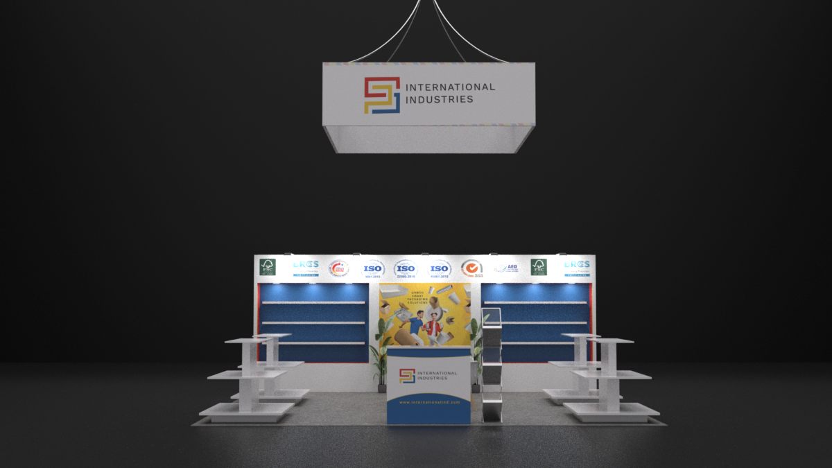 Design render of a 10×20 inline trade show booth: inline booth with shelf alcoves and rectangle hanging sign
