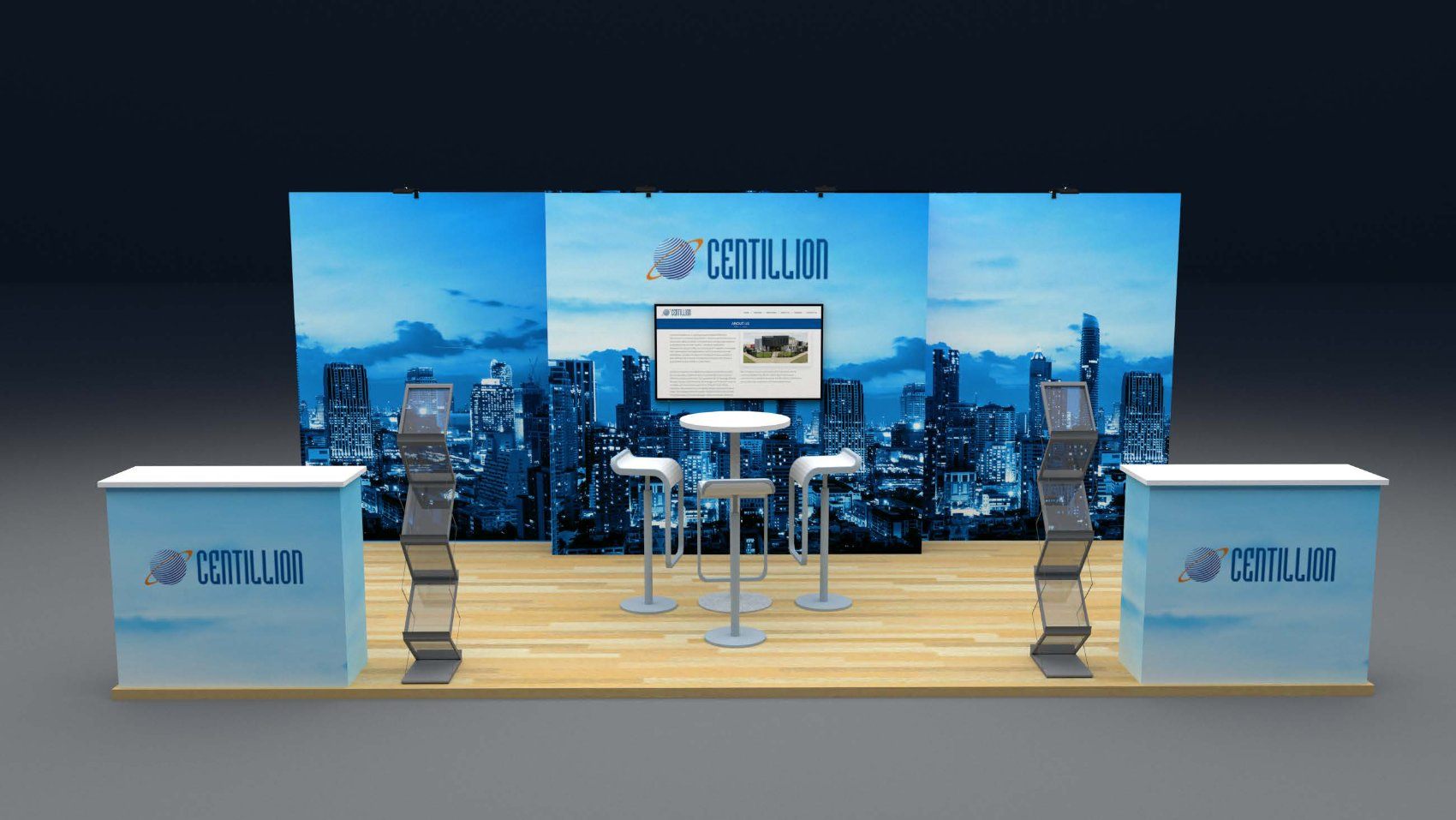 Design render of a 10×20 inline trade show booth: inline booth with skyline graphic wall and twin counters